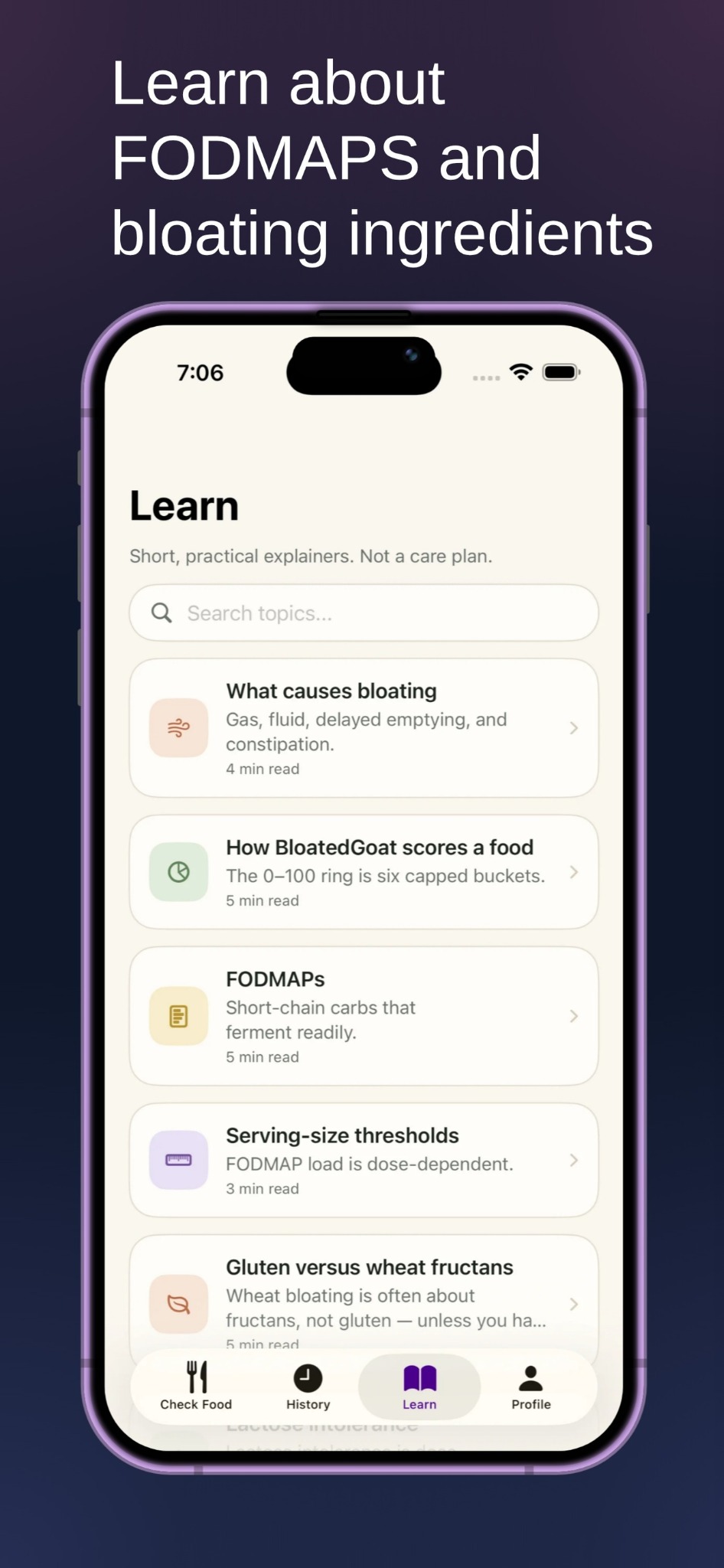 Learn screen with articles about FODMAPs, serving sizes, and bloating